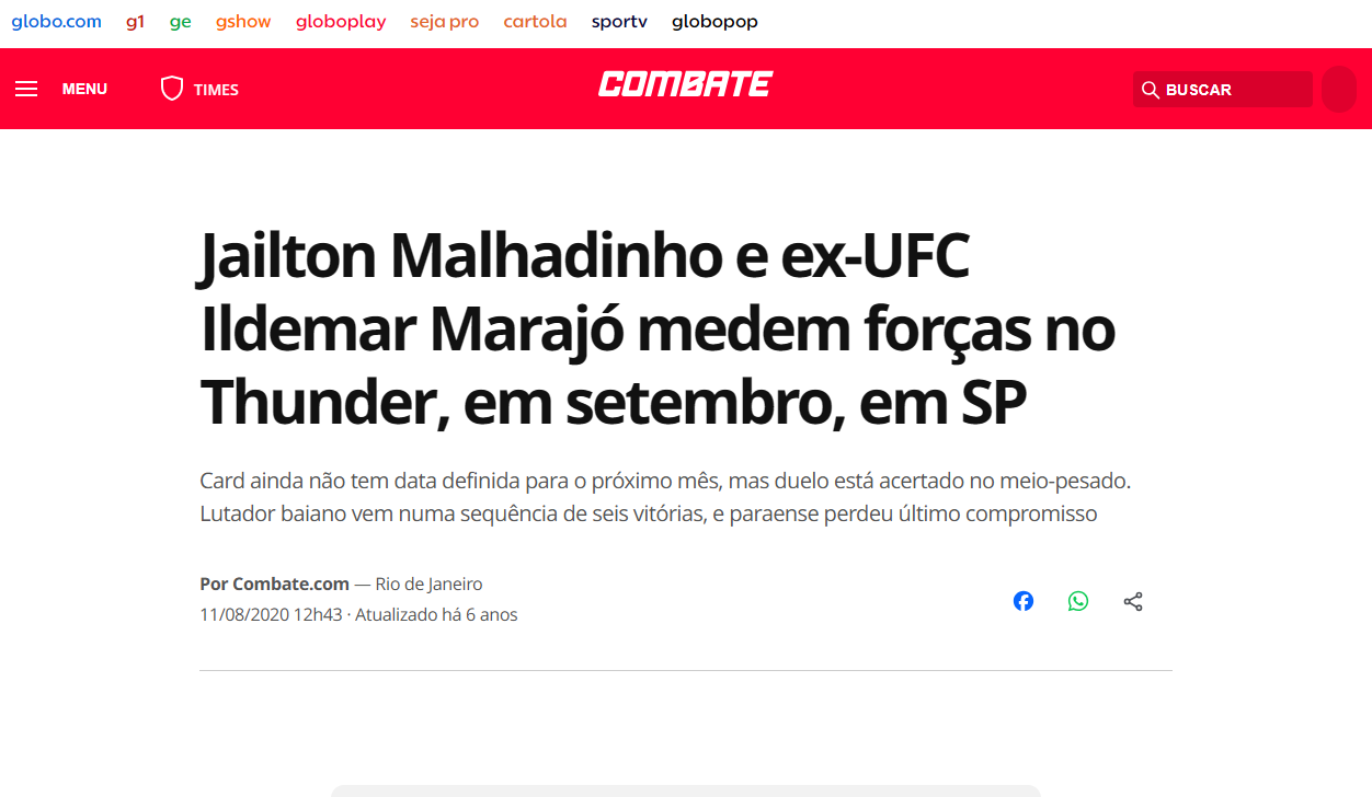 Jailton Malhadinho e ex-UFC Ildemar Marajó medem forças no Thunder, em setembro, em SP