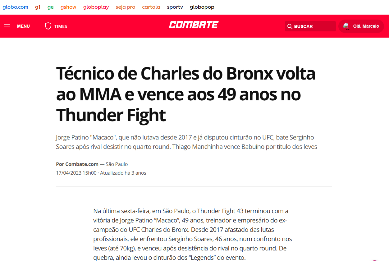 Técnico de Charles do Bronx volta ao MMA e vence aos 49 anos no Thunder Fight