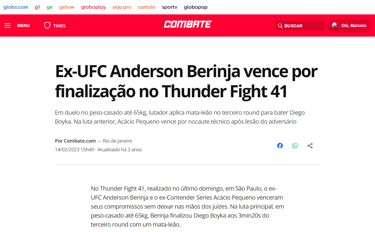 Ex-UFC Anderson Berinja vence por finalização no Thunder Fight 41