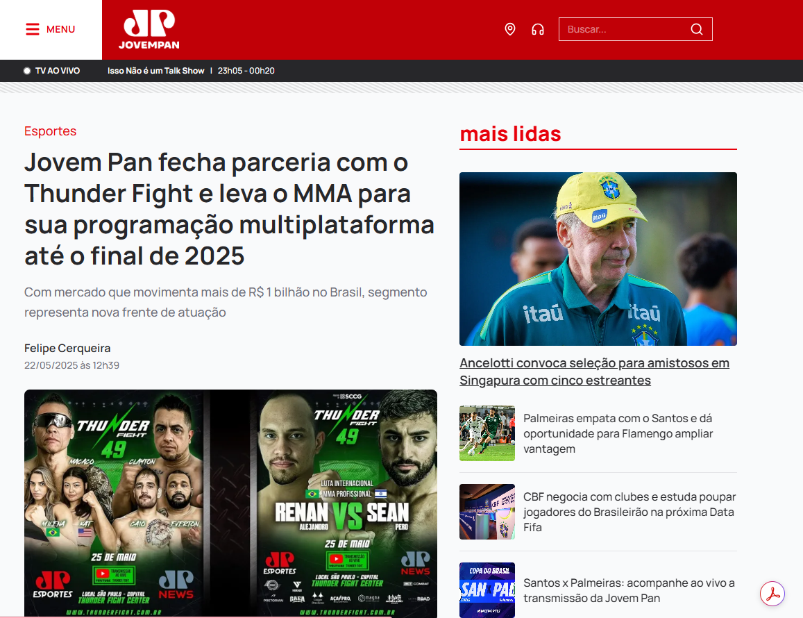 Jovem Pan fecha parceria com o Thunder Fight e leva o MMA para sua programação multiplataforma até o final de 2025