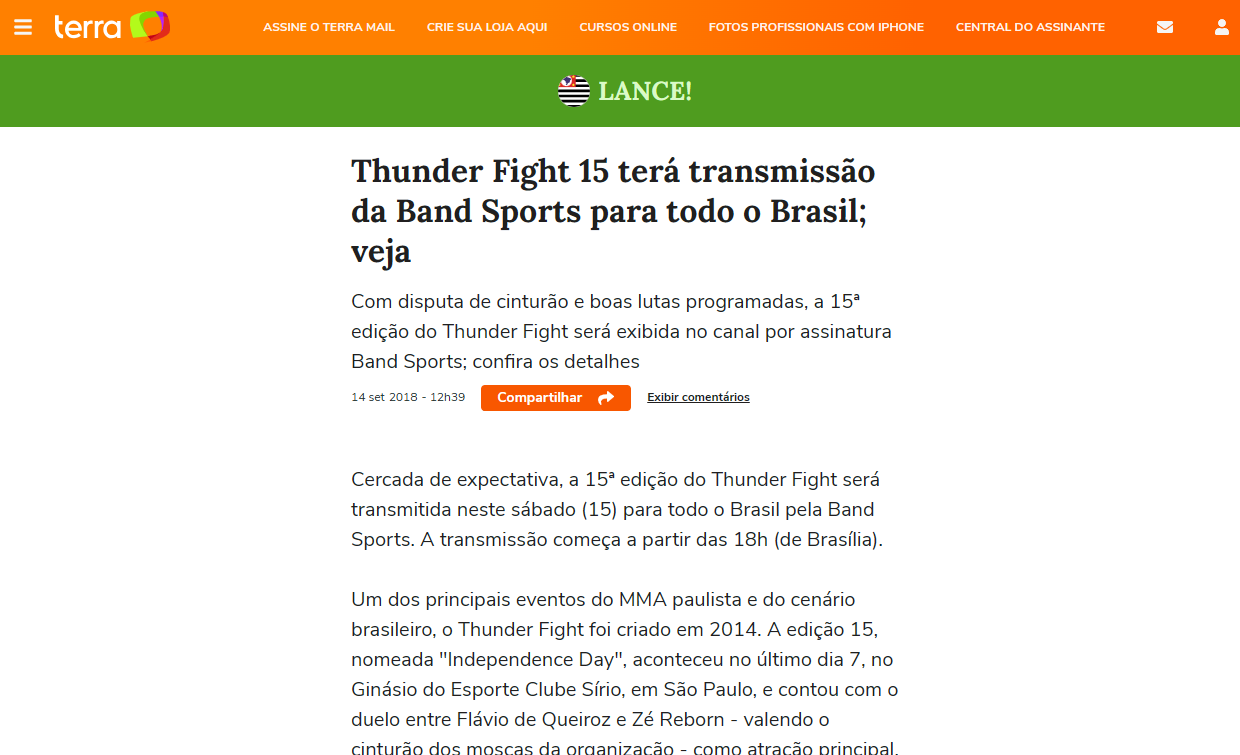 Thunder Fight 15 terá transmissão da Band Sports para todo o Brasil