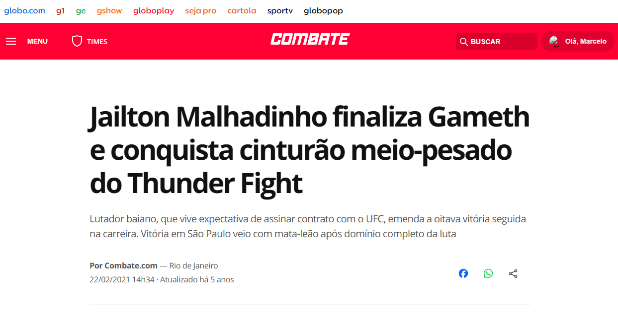 Jailton Malhadinho finaliza Gameth e conquista cinturão meio-pesado do Thunder Fight